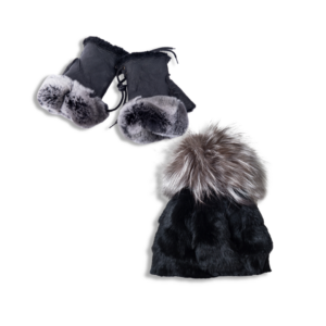 SET Γούνινος Σκούφος Μαύρος & Δερμάτινα Γάντια Μουτόν με γούνα Rex Μαύρα